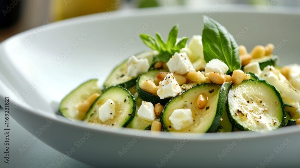 Fresh cucumber salad with feta and pine nuts in a bowl on a light background Fresh cucumber salad with feta and pine nuts in a bowl on a light background