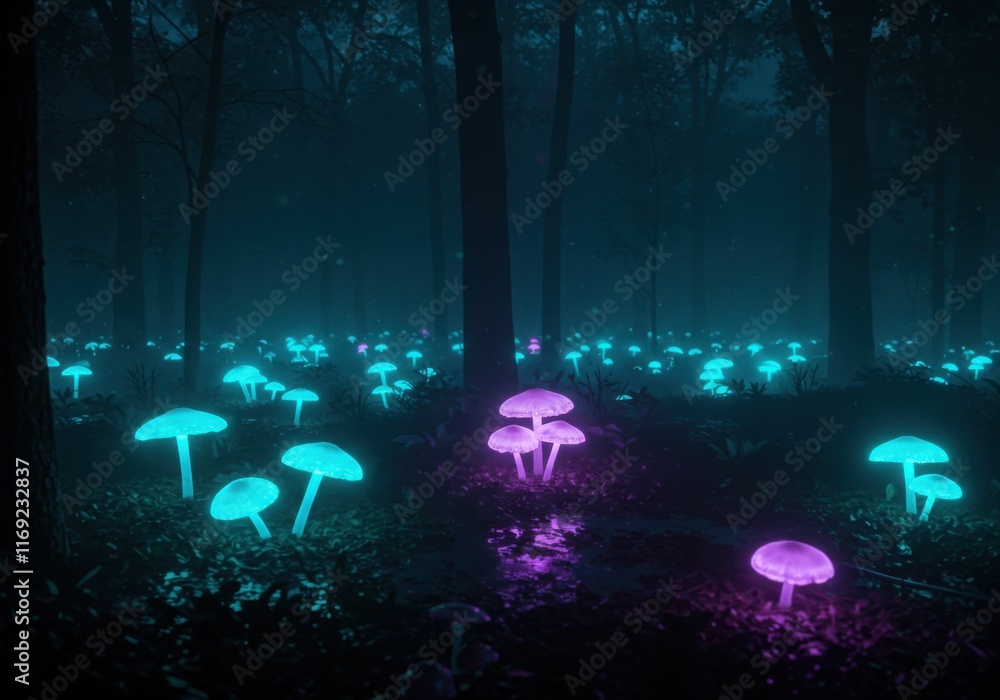 Naklejka premium Dark Enchanted Forest Bioluminescent Mushrooms and Ethereal Fantasy Landscape