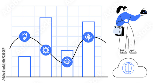 Woman examines bar chart with seasonal weather icons, carrying handbag and phone. Ideal for business, analytics, weather forecasting, seasons, data interpretation, global trends technology. Abstract