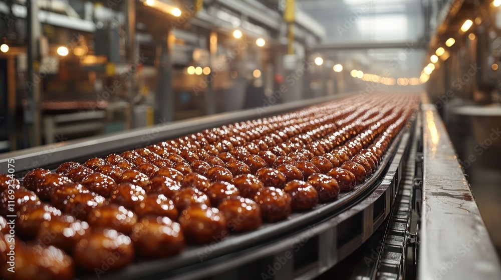Fototapeta premium Conveyor belt filled with glazed food items in a factory.