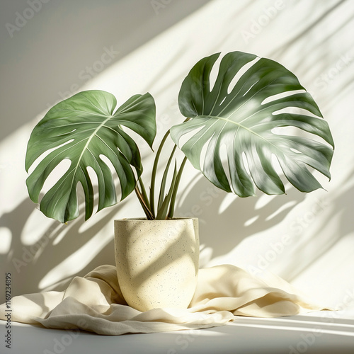 indoor monstera plant in a pot, shade from the sun