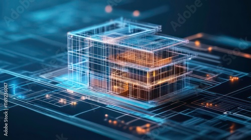 Fototapeta Naklejka Na Ścianę i Meble -  digital construction building information modeling bim concept with 3d model and blueprints vector illustration
