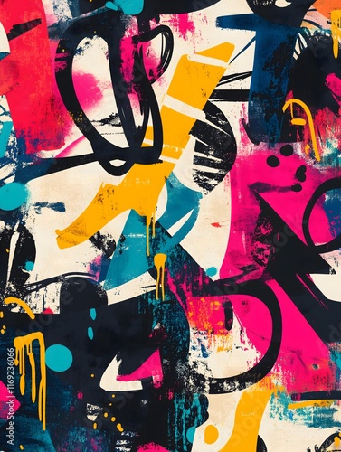Graffiti-inspired pattern with spray paint textures and vibrant tags