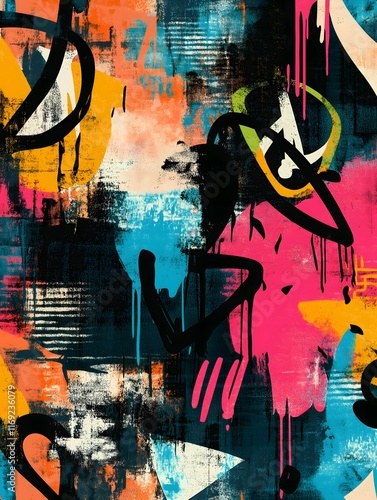 Graffiti-inspired pattern with spray paint textures and vibrant tags