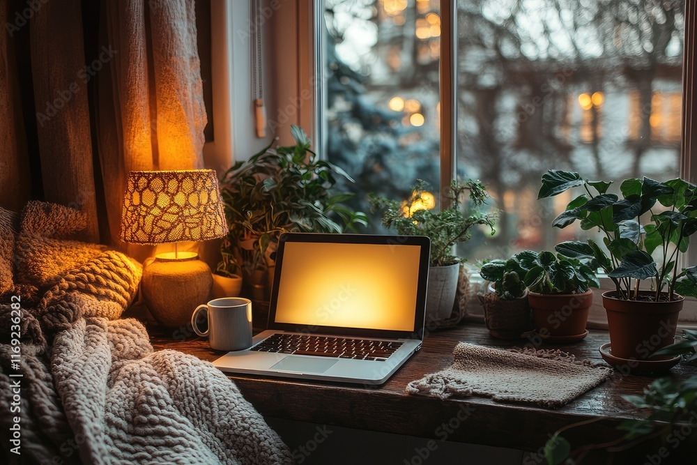 Fototapeta premium Cozy workspace with a laptop, plants, and warm lighting by a window during twilight.