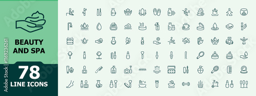 Beauty icon collection. Includes icons for facial, pictogram, brush, relax, cosmetic, cosmetics and more. Minimalist outline icon. Vector outline icons collection.