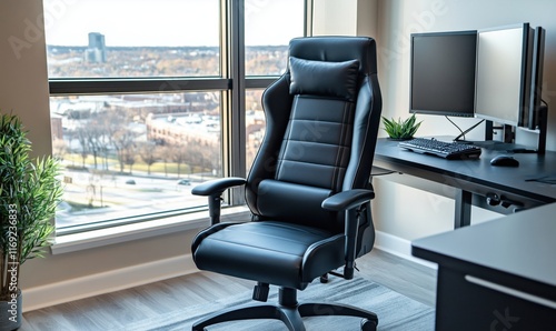 Wallpaper Mural Modern ergonomic gaming chair in stylish office with large windows and city view, sleek desk setup with dual monitors and keyboard Torontodigital.ca