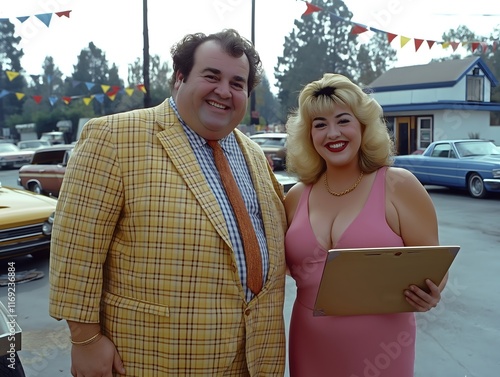 Happy salesman and saleswoman selling cheap cars from their 80's car lot garage on the forecourt badly dressed and smiling. Humorous retail sales people.
