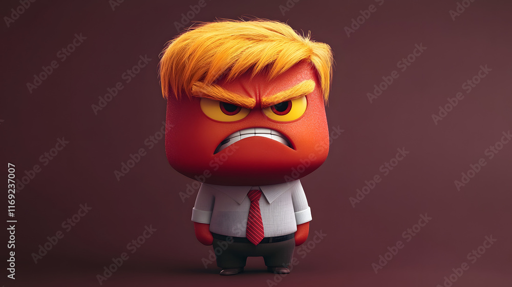 3d A simple illustration of an angry red character with yellow hair, wearing a shirt and tie with copy space 3d A simple illustration of an angry red character with yellow hair, wearing a shirt and tie with copy space