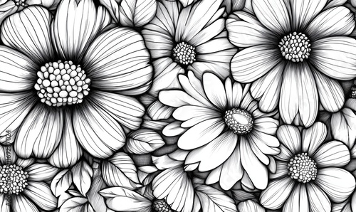 Wallpaper Mural Intricate Floral Pattern Featuring Various Flowers and Leaves in Black and White, Ideal for Coloring or Artistic Projects Torontodigital.ca