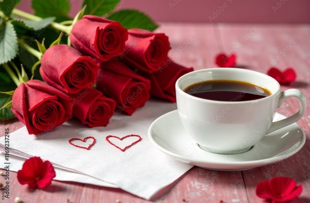 Valentine's Day card. Beautiful Happy Valentine's Day inscription on a background of red rose petals Valentine's Day card. Beautiful Happy Valentine's Day inscription on a background of red rose petals