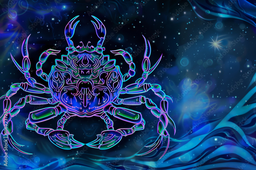 Fototapeta premium Astrological abstract composition with concept of Cancer zodiac sign symbol, abstract vivid composition consists of fictional unreal fantastic vision on background