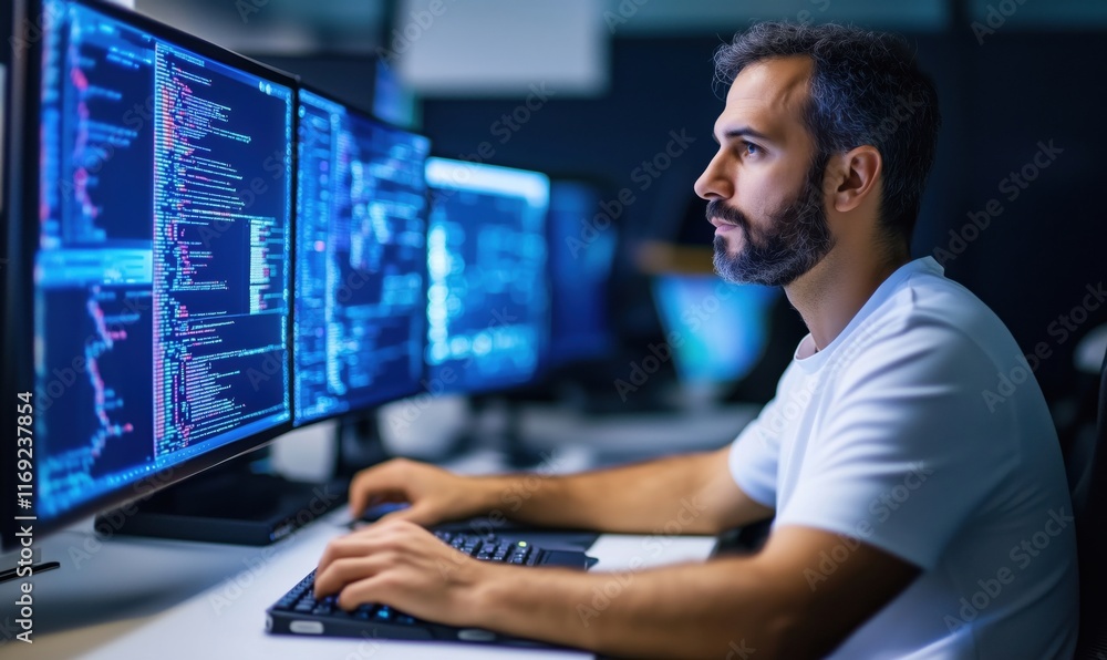 Software developer coding on multiple monitors with complex programming interfaces and data visualizations Software developer coding on multiple monitors with complex programming interfaces and data visualizations