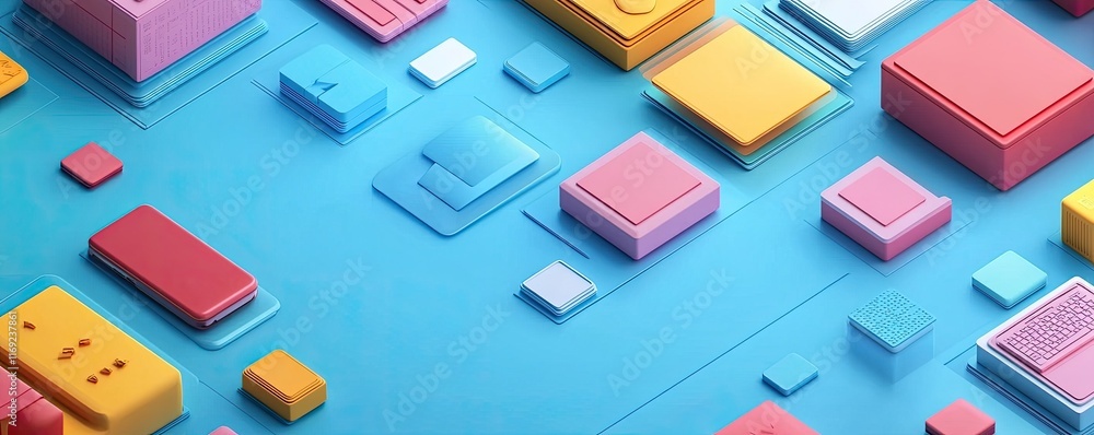 Colorful geometric shapes on a blue background create a vibrant abstract design. Colorful geometric shapes on a blue background create a vibrant abstract design.
