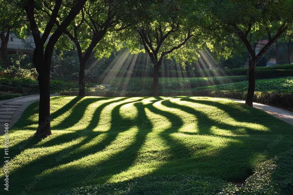 Obraz premium Sunlight filters through leaves creating beautiful patterns on stone pathway in a serene garden setting