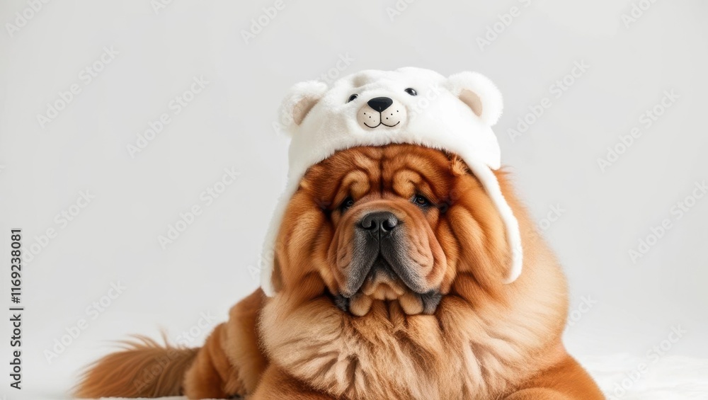 Obraz premium Charming dog in bear hat studio setting pet photography soft background adorable concept