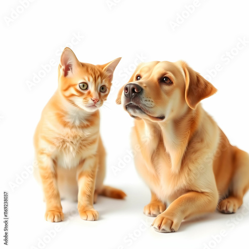 Wallpaper Mural Isolated shot of ginger cat looking at Retriever dog looking at the camera on white surface Torontodigital.ca