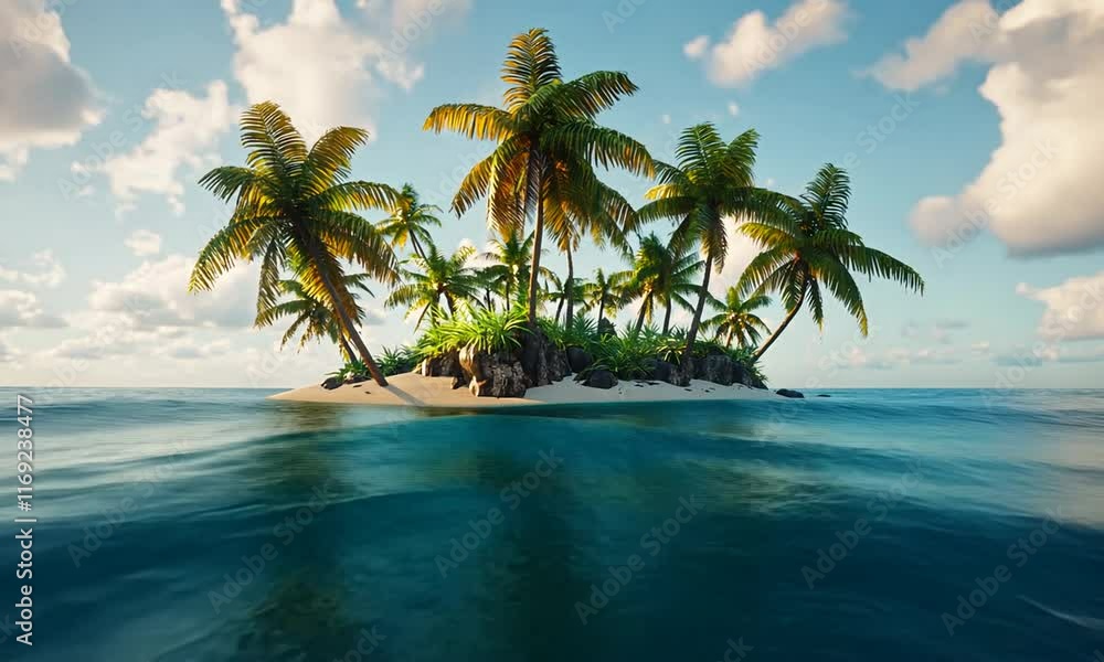 A serene tropical island with palm trees surrounded by clear blue water and a bright sky. A serene tropical island with palm trees surrounded by clear blue water and a bright sky.