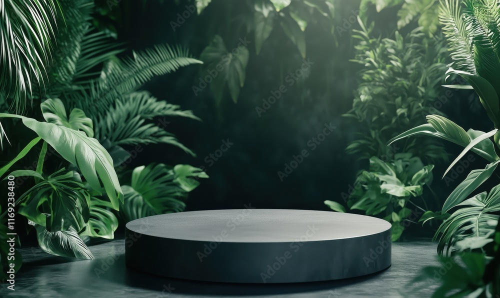 Minimalist display platform surrounded by lush tropical foliage in a serene, natural environment, perfect for showcasing products or art Minimalist display platform surrounded by lush tropical foliage in a serene, natural environment, perfect for showcasing products or art