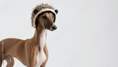 Playful dog in hedgehog hat studio setting pet portrait minimalistic environment photo