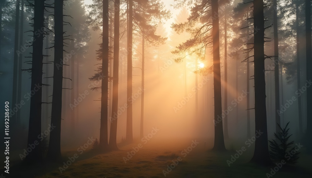 Fototapeta premium Mystical Sunbeams Piercing Through a Foggy Forest