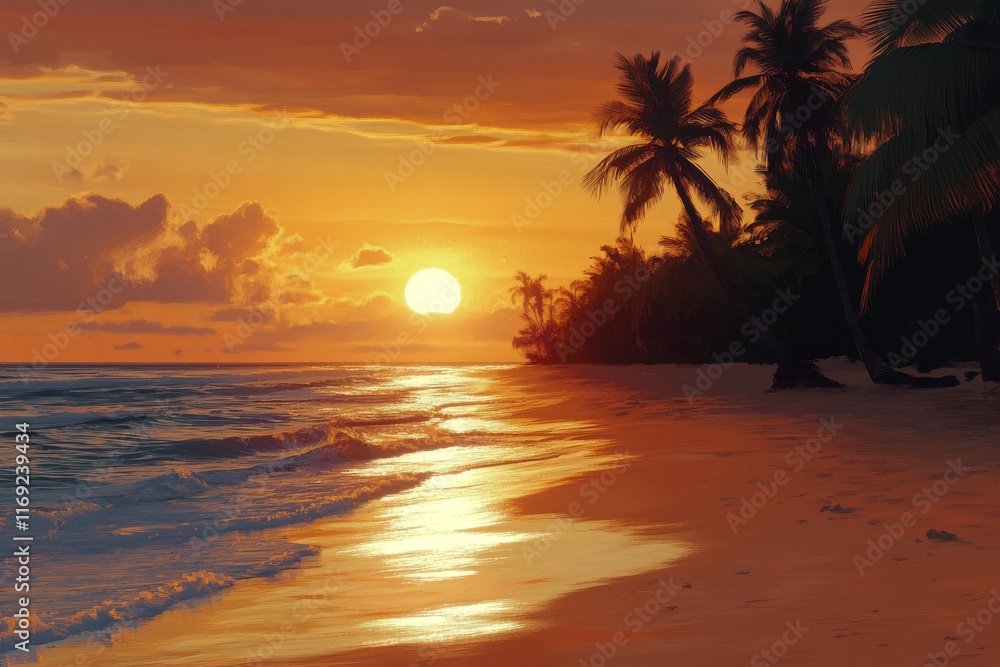 Beautiful sunset over tranquil beach with palm trees and gentle waves Beautiful sunset over tranquil beach with palm trees and gentle waves
