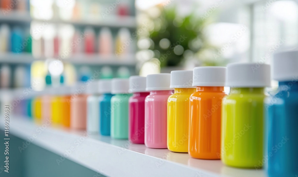 Colorful paint bottles arranged on shelf showcasing vibrant hues and artistic potential in a bright studio environment Colorful paint bottles arranged on shelf showcasing vibrant hues and artistic potential in a bright studio environment