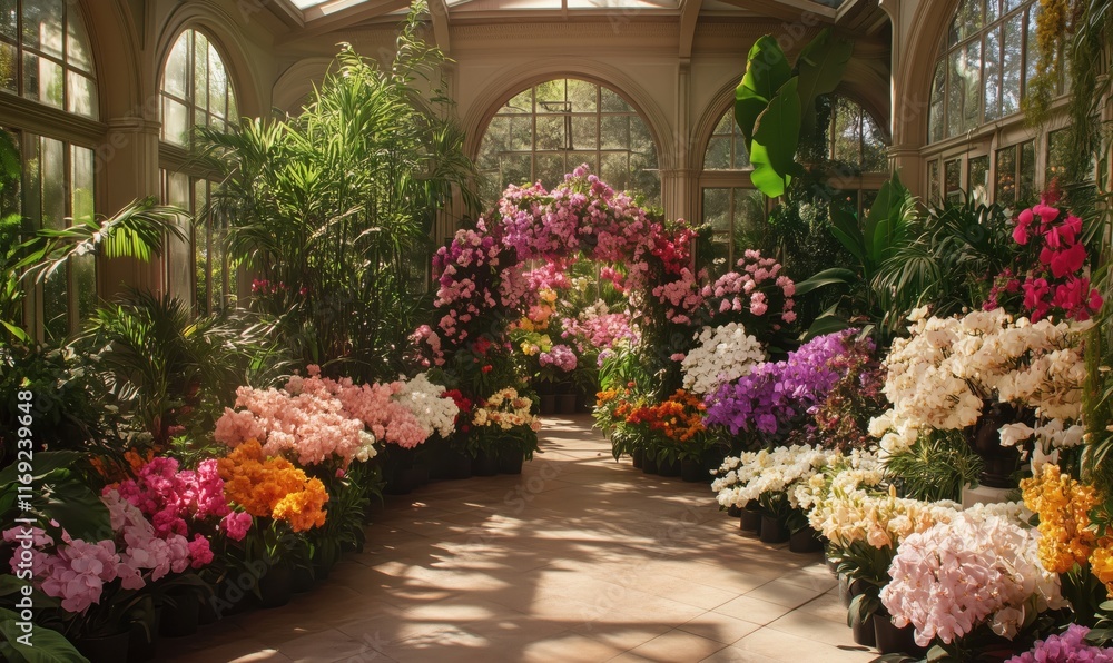 Fototapeta premium Vibrant Orchid Garden Display with Lush Greenery and Colorful Blooms in Conservatory