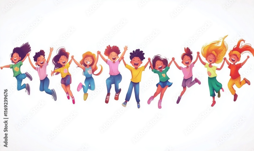 Fototapeta premium Diverse group of joyful children jumping together in celebration, showcasing happiness and friendship, colorful clothing, vibrant expressions