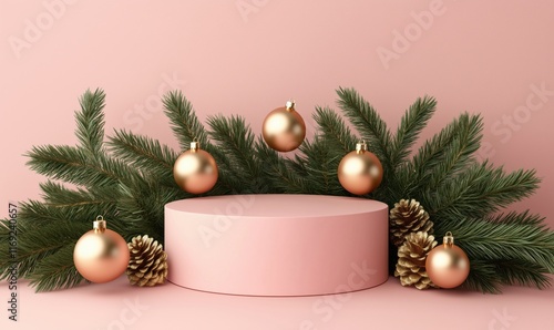 Christmas-themed display with pink podium, pine branches, golden ornaments, and pine cones for festive decoration