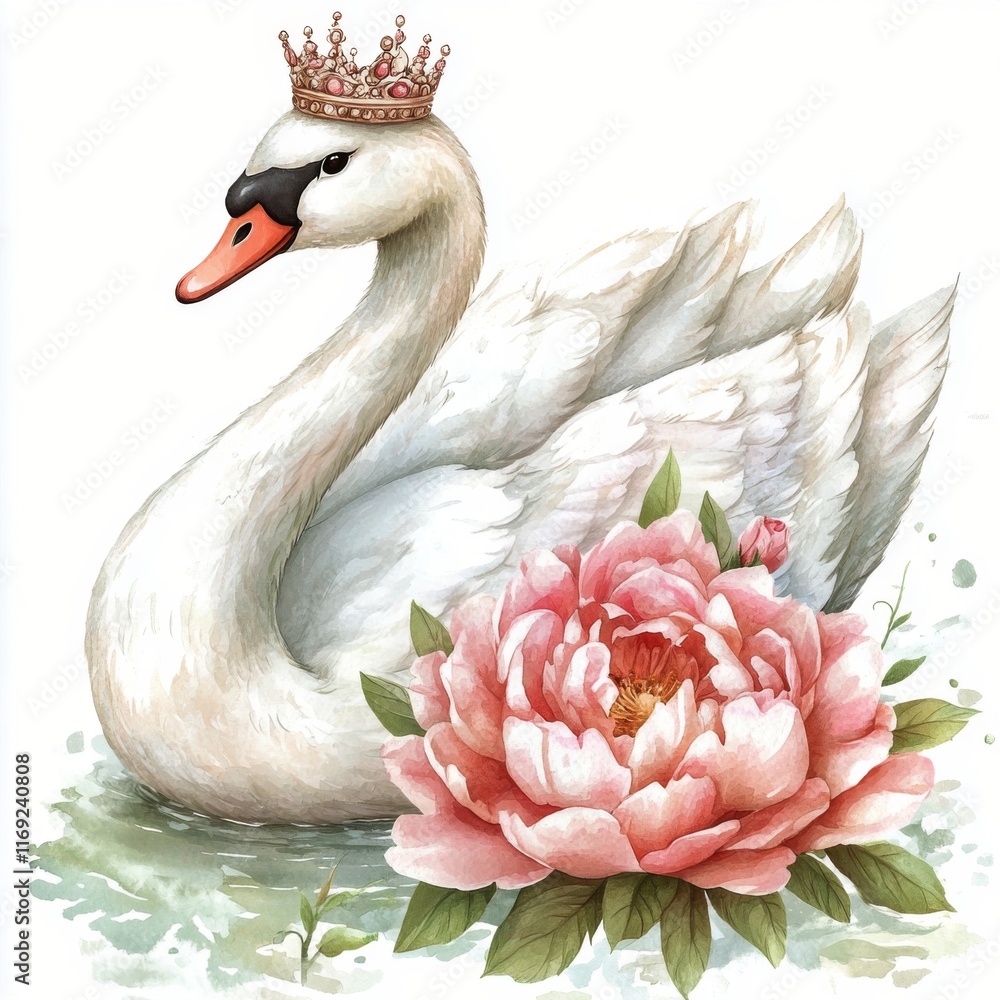Fototapeta premium Elegant swan with a crown and a blooming peony in a serene watercolor setting