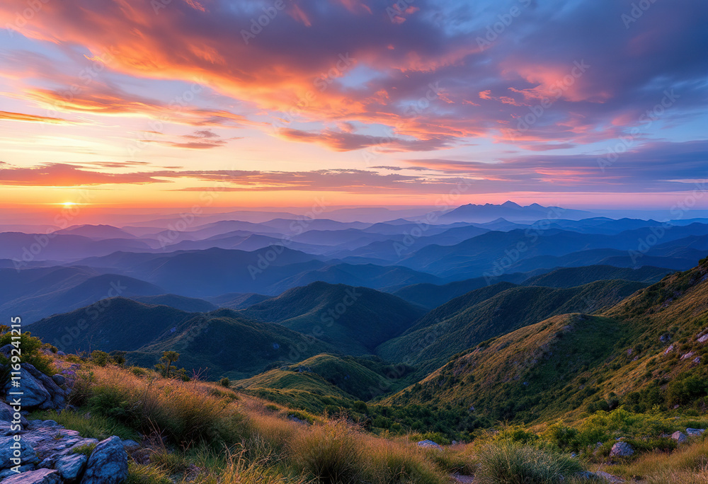 Obraz premium Scenic view of rolling blue mountain ranges against a colorful sunset sky