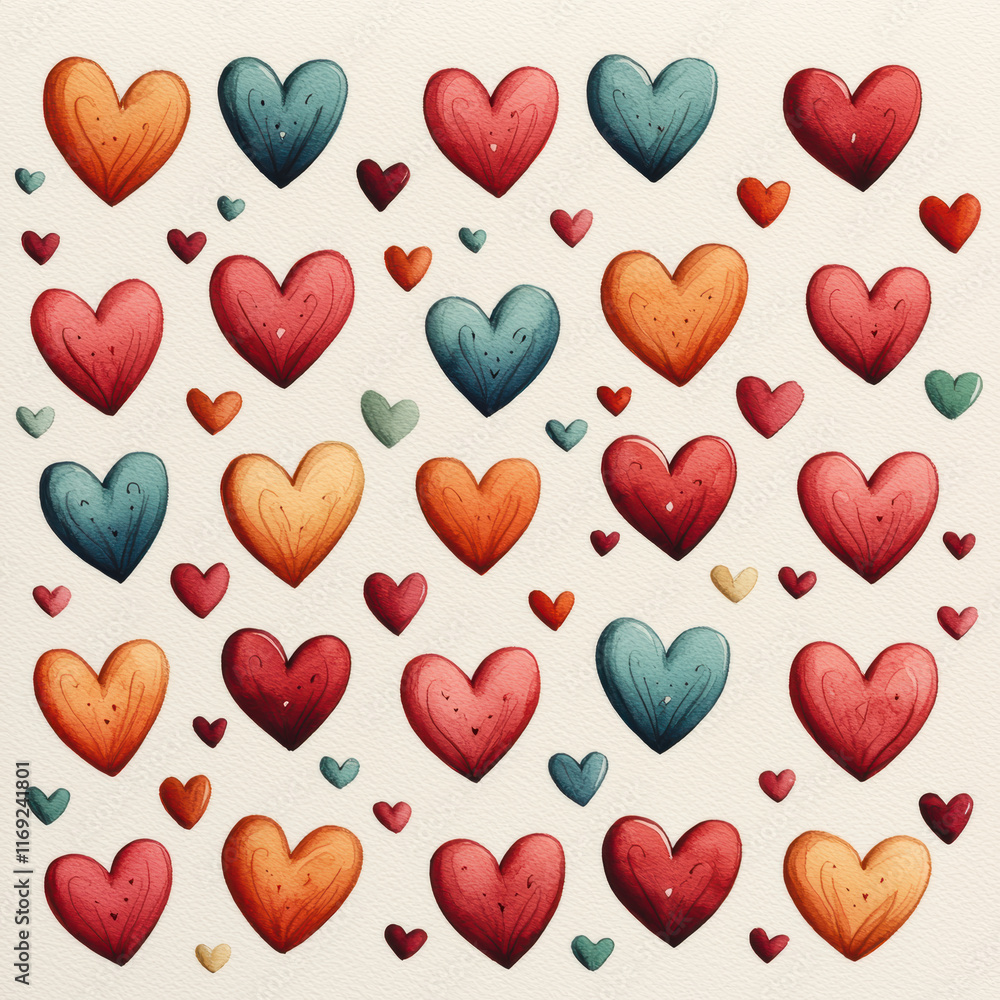 Fototapeta premium heart patterns in vibrant Valentine colors, flowing across a light cream background, Colorful heart patterns showcasing love and affection in various shades and styles, perfect for romantic designs.