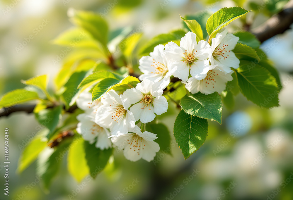 White cherry blossoms on a tree branch with green leaves in the background White cherry blossoms on a tree branch with green leaves in the background