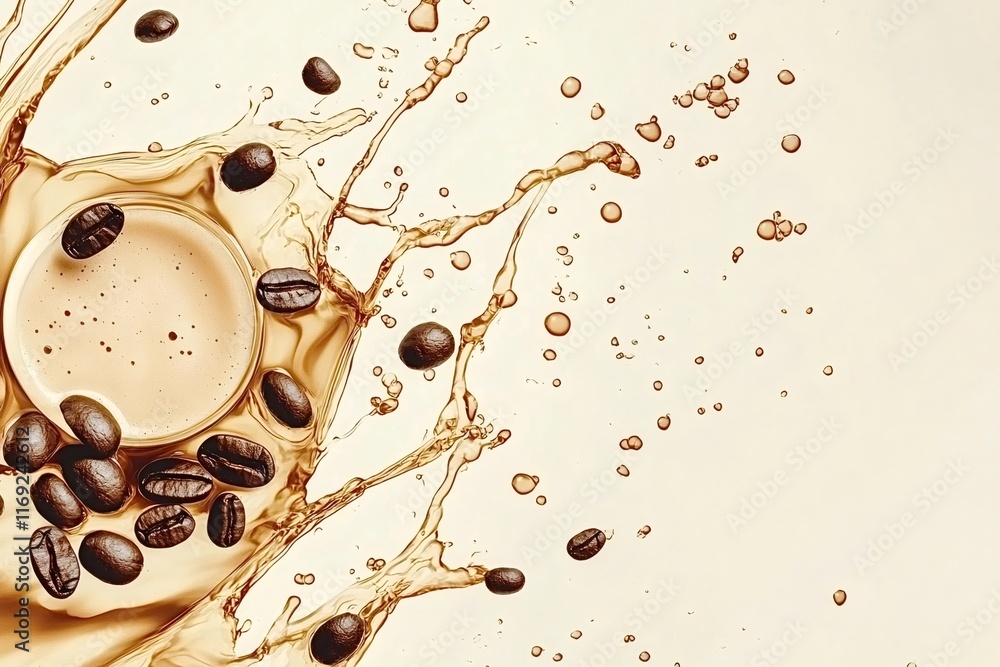 Fototapeta premium Coffee is splashing out of a cup, surrounded by coffee beans, creating a dynamic and energetic scene against a light background, ideal for advertising or promoting coffee products