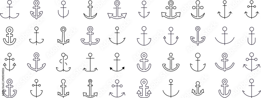 Set of Ship Related Line Icons. Anchor Outline Signs for Graphic and Web Design, Apps, Adverts, Various Cards Set of Ship Related Line Icons. Anchor Outline Signs for Graphic and Web Design, Apps, Adverts, Various Cards