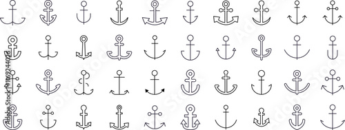 Set of Ship Related Line Icons. Anchor Outline Signs for Graphic and Web Design, Apps, Adverts, Various Cards