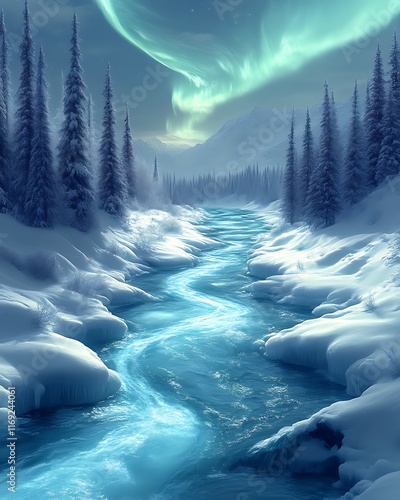 Serene winter river flowing through snow-covered forest under aurora borealis. photo