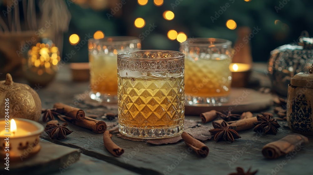 A cozy setting featuring glasses of amber drinks, candles, and spices, evoking warmth and relaxation. A cozy setting featuring glasses of amber drinks, candles, and spices, evoking warmth and relaxation.