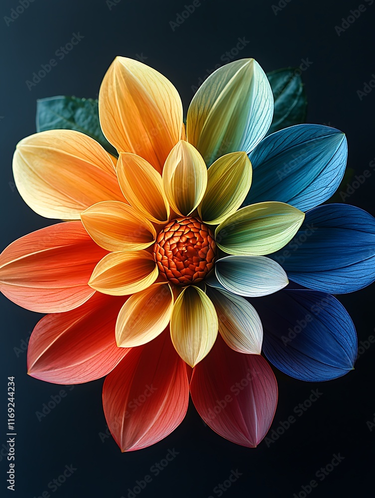 Vibrant rainbow dahlia flower, close-up studio shot on dark background. Vibrant rainbow dahlia flower, close-up studio shot on dark background.