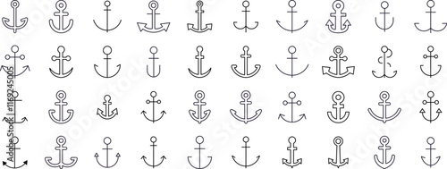 Pack of Ship Related Line Icons. Anchor Outline Signs for Graphic and Web Design, Apps, Adverts, Various Cards