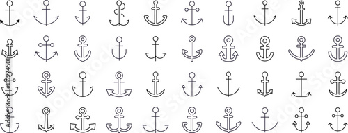 Ship Bundle of Related Line Icons. Anchor Outline Signs for Graphic and Web Design, Apps, Adverts, Various Cards