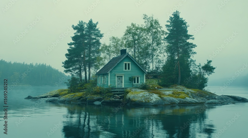 Fototapeta premium Tranquil island with a quaint house amidst serene waters.