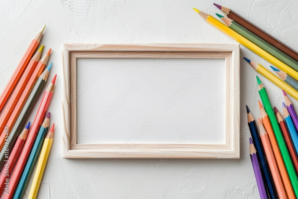 Fototapeta premium A white frame with a blank space sits on a table with a bunch of colored pencils