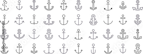 Ship Line Icon Set. Anchor Outline Signs for Graphic and Web Design, Apps, Adverts, Various Cards