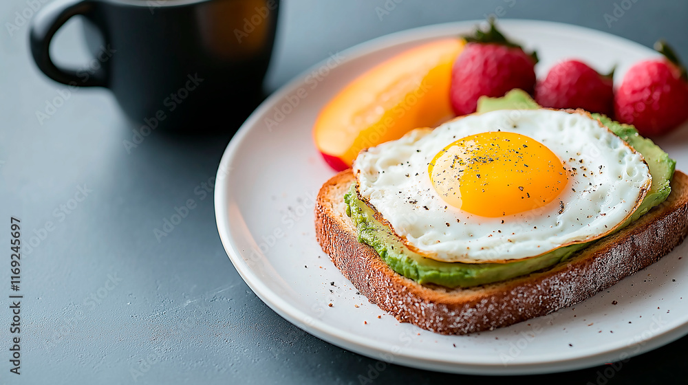 grain toast with creamy avocado, topped with a poached egg with a runny yolk, sprinkled with chives and pepper. grain toast with creamy avocado, topped with a poached egg with a runny yolk, sprinkled with chives and pepper.