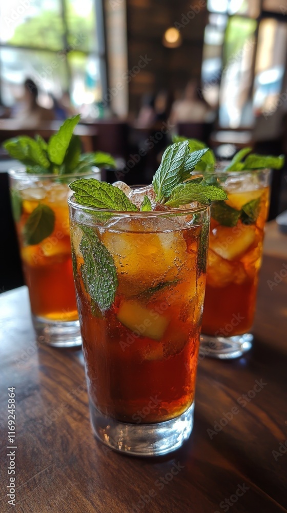 Refreshing mint tea served in glasses surrounded by fresh mint leaves Refreshing mint tea served in glasses surrounded by fresh mint leaves