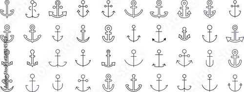 Ship Line Icon Collection. Anchor Outline Signs for Graphic and Web Design, Apps, Adverts, Various Cards