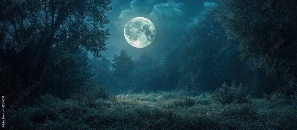 Fototapeta premium Mystical Moonlit Forest Landscape With Glowing Sky and Ethereal Atmosphere Serene Tranquil and Enchanting Nighttime Woodland Scene Under a Bright Full Moon and Cloudy Sky