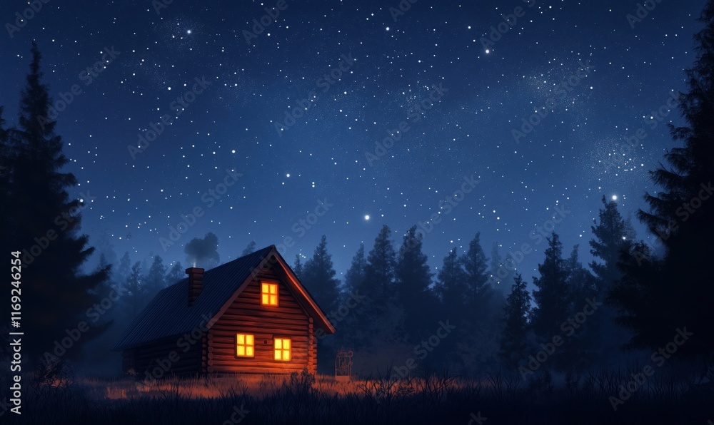 Starry Night Sky Over Cozy Cabin in Forest, Warm Glow from Windows, Surrounded by Tall Trees, Peaceful Wilderness Scene Starry Night Sky Over Cozy Cabin in Forest, Warm Glow from Windows, Surrounded by Tall Trees, Peaceful Wilderness Scene